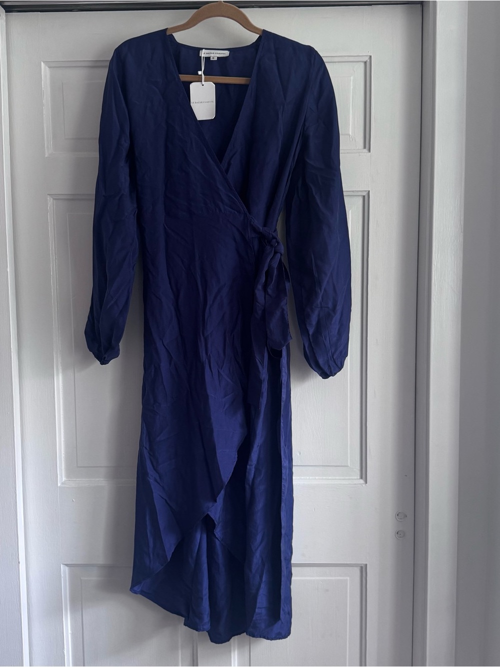 Le Bazar Coastal Blue Wrap 100% Silk Dress Maxi Size Small Long Sleeve